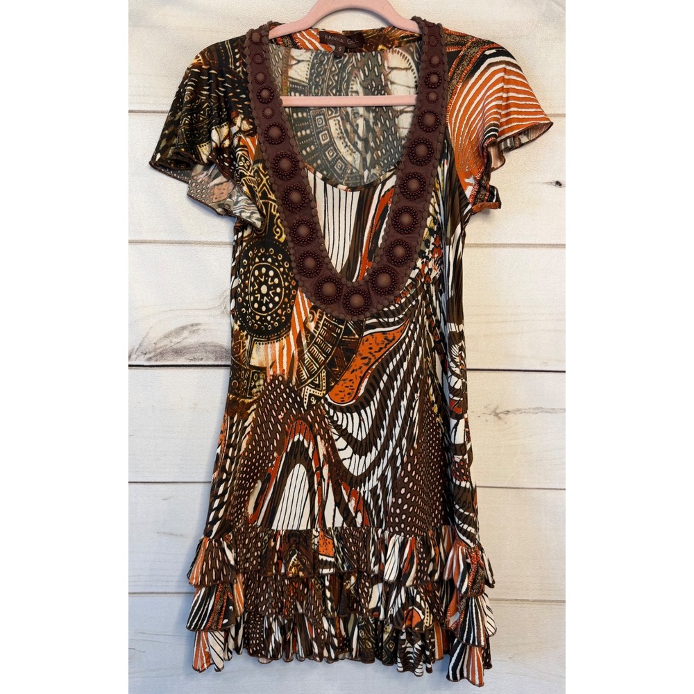 Ranna Gill Brown Orange Tribal Print Beaded Scoop Neck Ruffle Mini Dress Small